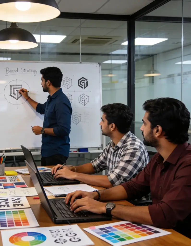 Creative team discussing brand strategy and logo design at one of the Top advertising agencies in Hyderabad